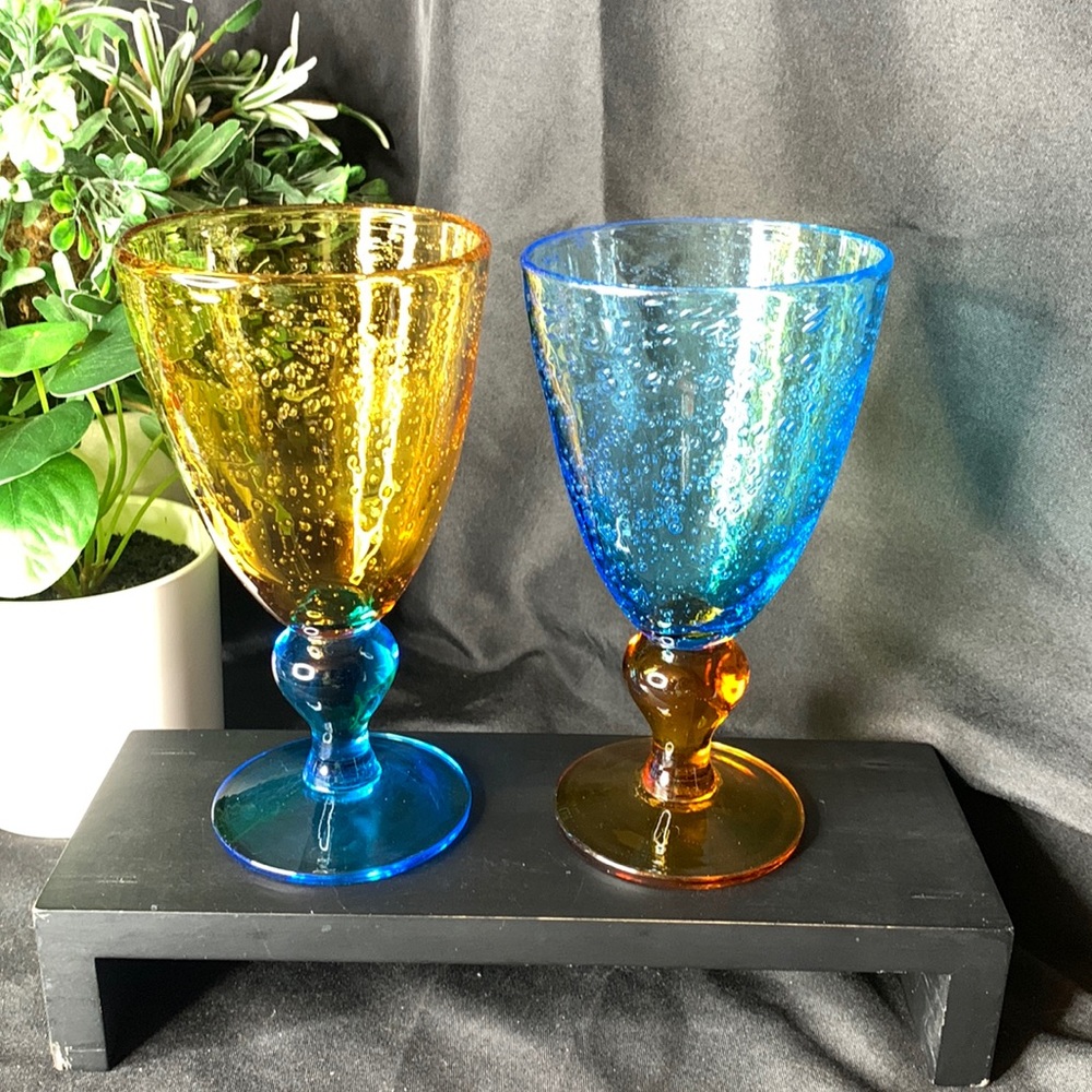 Set of 2 hand blown blue and amber bubble glass wine / water goblets / glasses